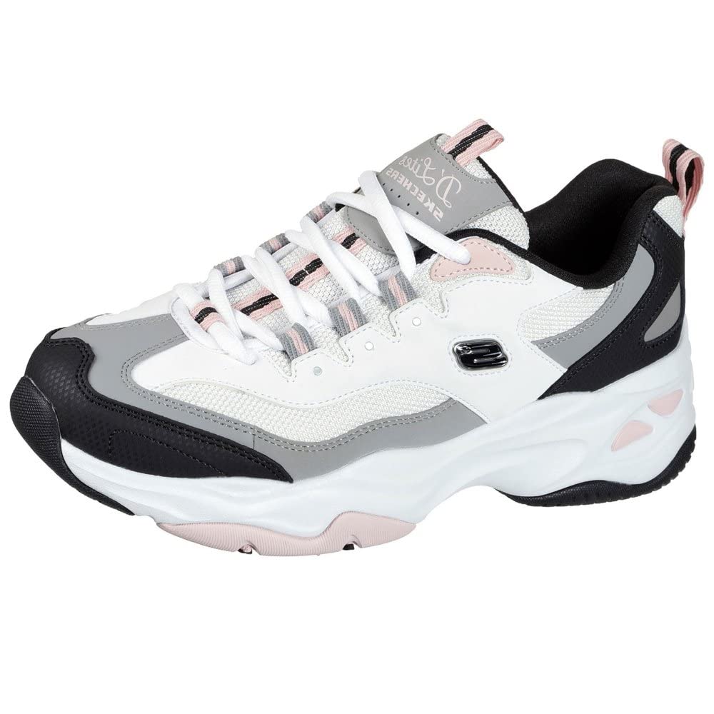 Skechers Femme D'Lites 4.0 Fresh Diva Trainers, White Leather Mesh Black Pink Tr