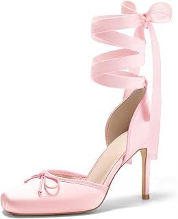 Coutgo Zapatos de tacón alto de ballet para mujer, de satén, punta cuadrada, con lazo, para baile de graduación