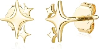 JIAYIQI Minimalist 925 Sterling Silver Stud Earrings Set, 14K Gold Plated Hypoallergenic Tiny Bar Dot Heart Star Studs for Women & Men