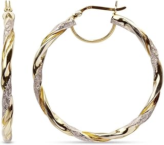 LeCalla 925 Sterling Silver Textured Two-Tone 14K Gold Plated Light-Weight Italian Design Hoop Earrings for Women Diameter 25,30,40,45,50mm