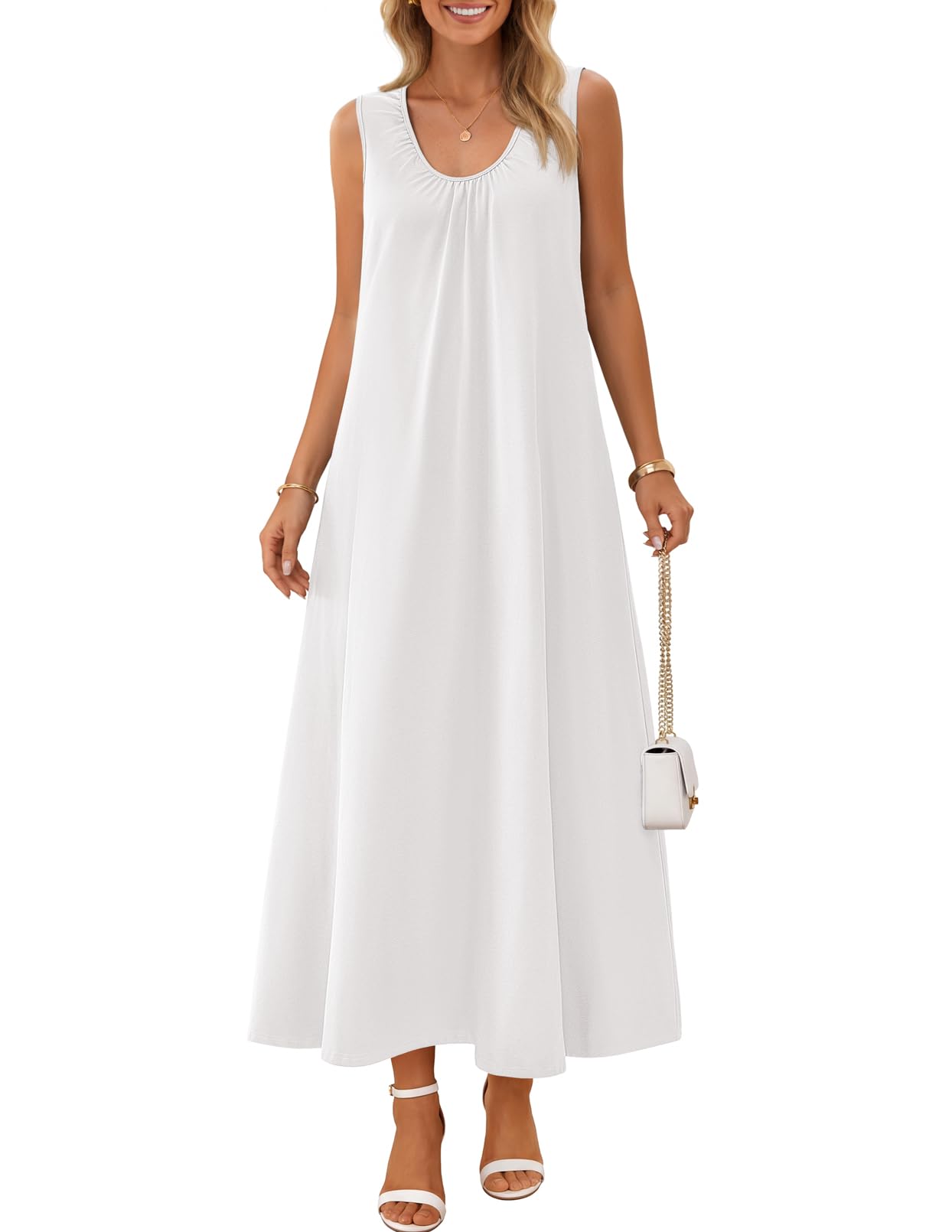 MEROKEETY Women's Summer Boho Sleeveless Ruched Maxi Dress