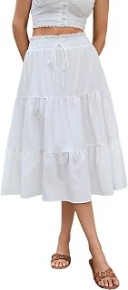 Skirts for Women Trendy Summer 2026 Beach Casual Tie Front Elastic High Waisted Ruffle Layered Flowy A Line Midi Skirt DJ626