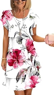 Onsoyours Women Summer Chiffon Dress Round Neck Elegant Evening Dresses Flowers Print Short Sleeve Ruffles Lightweight And Breathable Mini Dress Casual Cocktail