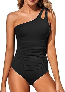 One Shoulder One Piece Swimsuits for Women Tummy Control Ruched Full Coverage Bathing Suit with Adjustable Strap for Women