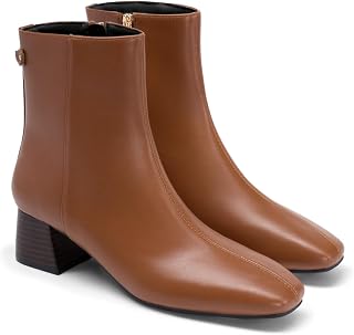 Coutgo Stivaletti da donna con tacco basso, punta quadrata, cerniera laterale, scarpe invernali, Marrone scuro, 7.5
