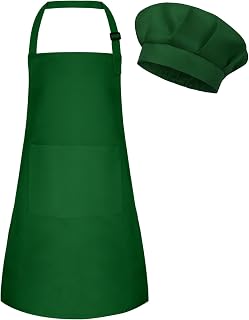 Kids Apron and Chef Hat Set Adjustable Child Art Aprons with 2 Pockets Toddler Chef Hat and Apron for Cooking Baking Painting (Dark Green)