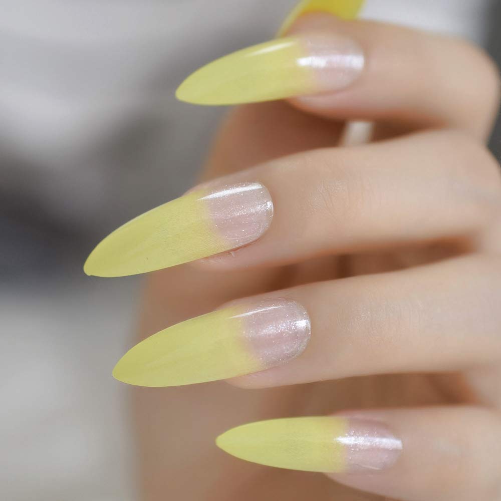 Glossy Clear Yellow French Press On Nail Long Stiletto Fake Nail Full Cover Fake