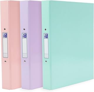 Oxford A4 Ring Binders, 3 Pack of Glossy Pastel Folders, Laminated Paper-on-Board, 40 mm Spine, Pink, Lilac & Mint