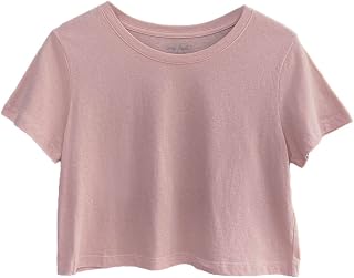 Women's 100% Cotton Boxy Crop Top Round Neck Short Sleeve Casual Cropped Tee T-Shirt