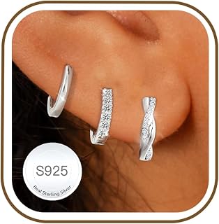 AVOTTO Jewellry Gifts 3 Pairs 925 Sterling Silver Earrings for Women Hypoallergenic Huggie Hoops Cartilage Stack Earring Sets for Multiple Piercing