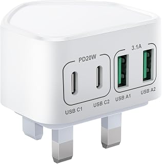 40W USB C Plug Fast Charge, UK 4-Port Multi USB Charger Plug Fast Charging Head for iPhone 17 16 15 14 13 12 11 Pro Max SE XS XR Plus, iPad, Samsung Galaxy,Dual USBC Power Adaptor Type C Wall Head