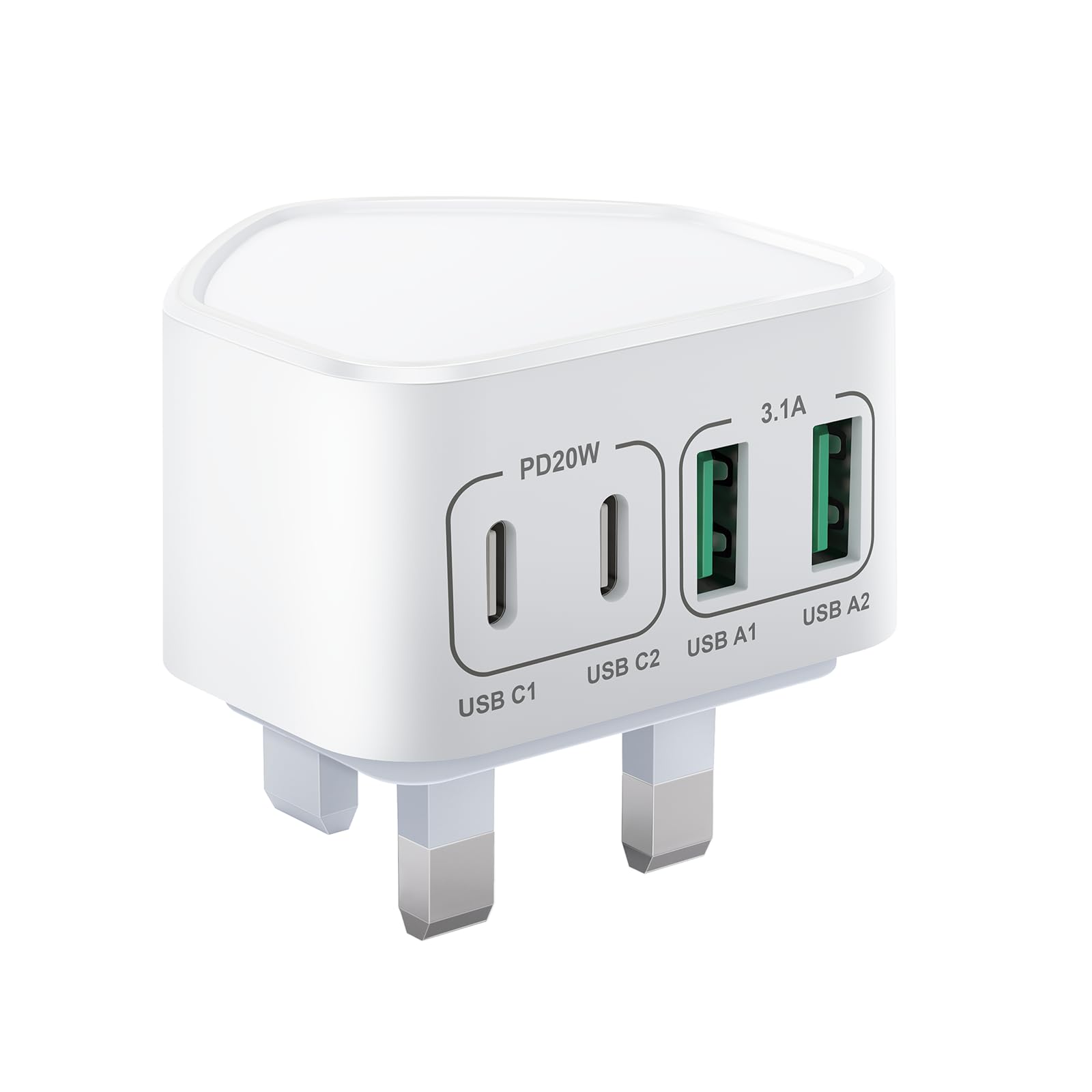 40W USB C Plug Fast Charge, UK 4-Port Multi USB Charger Plug Fast Charging Head 