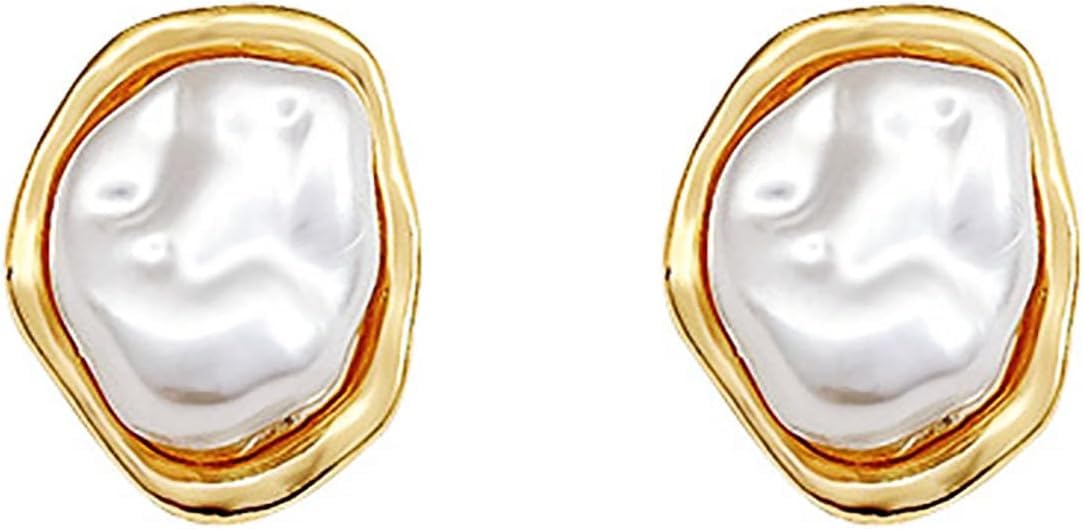 Baroque Pearl Stud Earrings For Women 14k Gold Plated Irregular Pearl Earrings C