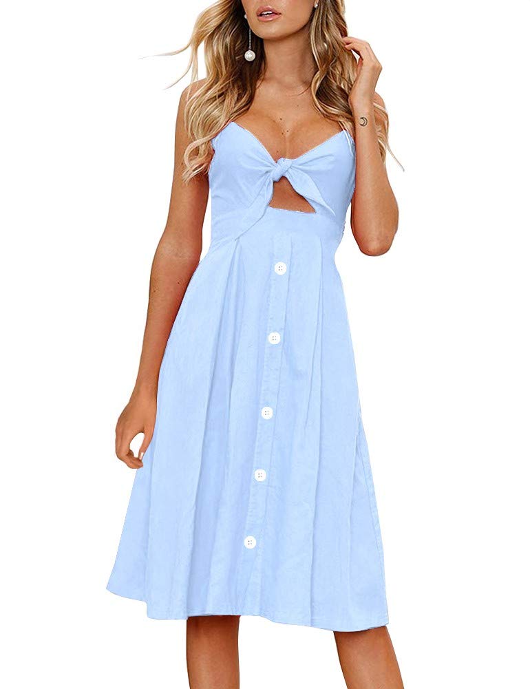 FANCYINN Womens Tie Front Button Down A-Line Dresses Summer Spaghetti Strap Midi