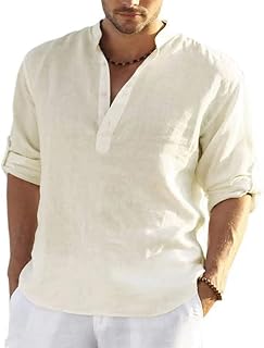PADOLA Men's Linen Shirt - Mao Collar, Long Sleeve, Plain Henley Shirt, Classic and Casual Beach Shirts for Summer Plus Size Casual