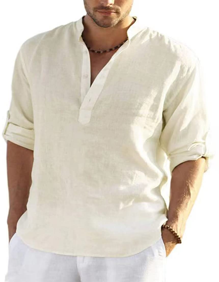 PADOLA Men's Linen Shirt - Mao Collar, Long Sleeve, Plain Henley Shirt, Classic 