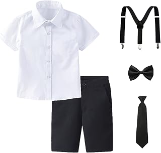 amropi Children's Christening Suit Short Sleeve Shirt and Bow Tie and Pants and Suspenders for 3-12 Years