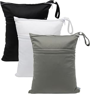 babygoal Wet Dry Bags 3 Pack, Waterproof Reusable Travel Bags for Swimsuits, Baby Cloth Diapers, Beach, Pool, Gym Bag &amp; Wet Clothes with 2 Pockets L-BWG