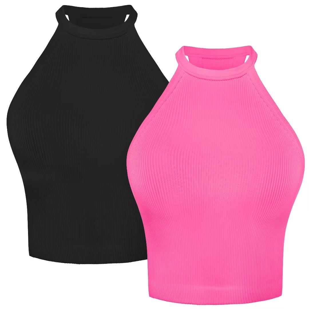 Sunzel Ribbed Tank Tops for Women, Seamless Crop Top, Backless, High Neck, Basic