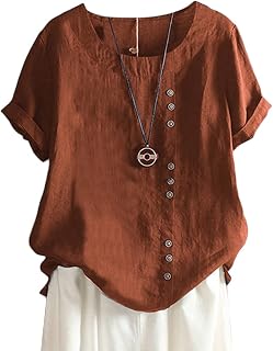 ORANDESIGNE Linen Shirt Short Sleeve Women Casual Vintage Tops Blouse T-Shirts Short Sleeve Crew Neck Tunic Tops Shirt Loose Plus Size T Shirt