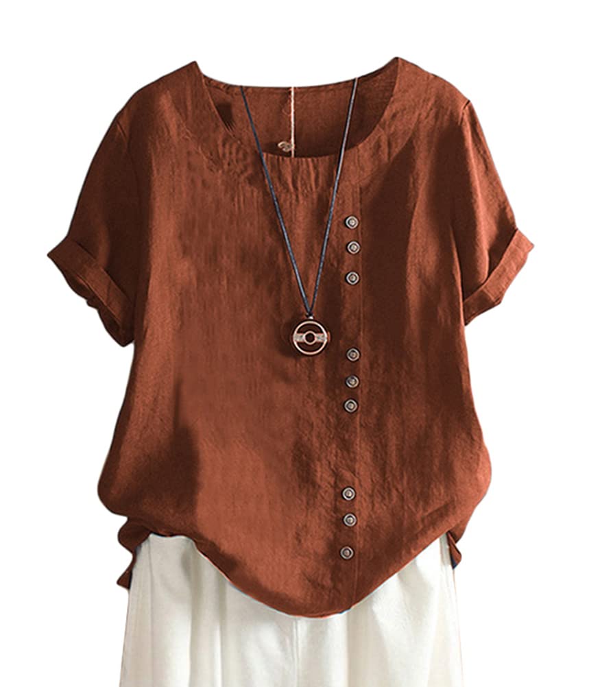ORANDESIGNE Linen Shirt Short Sleeve Women Casual Vintage Tops Blouse T-Shirts S
