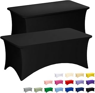 Fixwal 2 Pack 6FT Black Tablecloth Rectangle Spandex Fitted Table Cover | Fit for 6 Foot Rectangle Table, Washable Stretch, Ideal for Party, Wedding, Buffet, Halloween Decoration, Vendor Booth