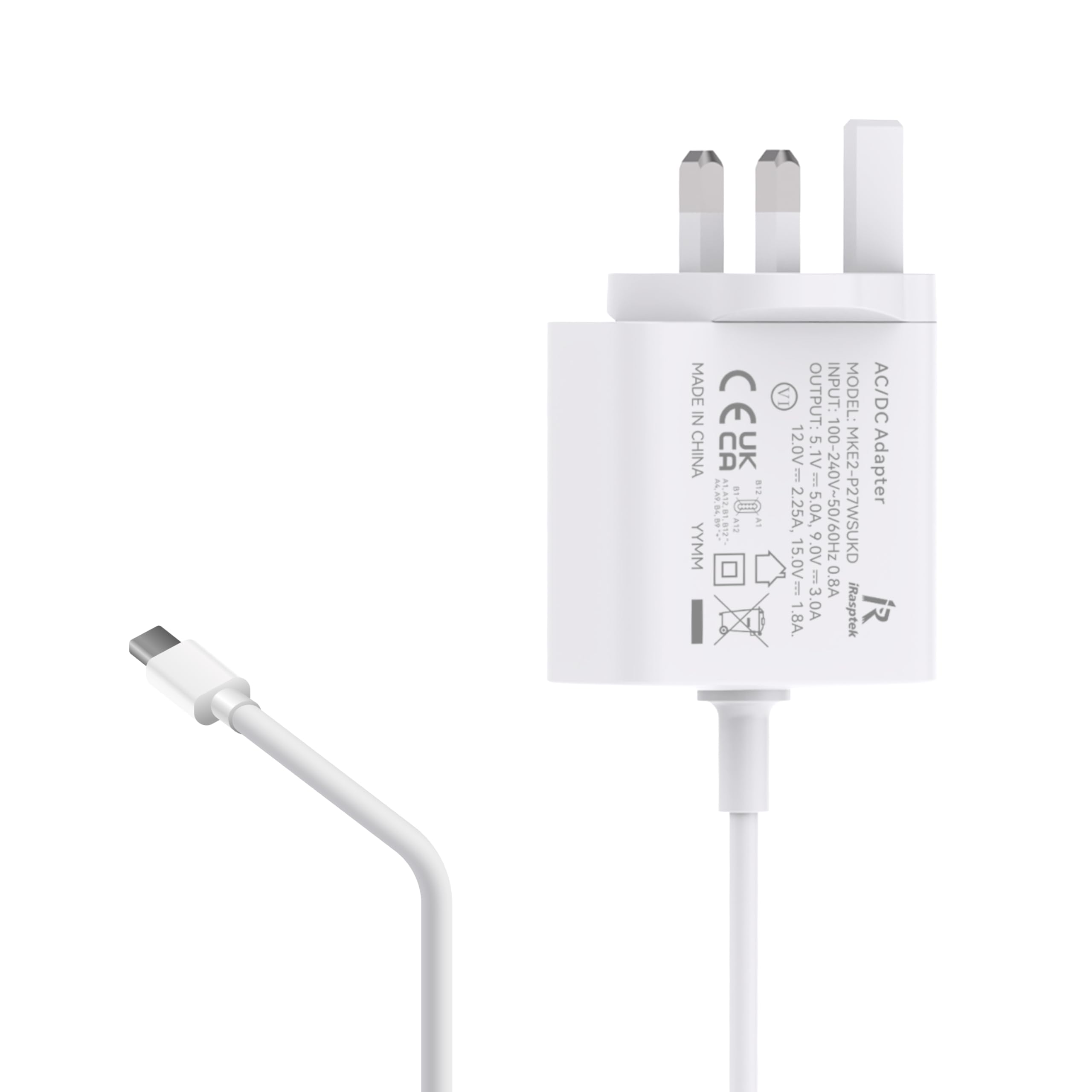 iRasptek 27W 5.1V/5A USB-C PD Power Adapter for Raspberry Pi 5 （White）