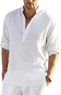 COOFANDY Men's Long Sleeve Henley Shirt Linen Shirt Casual Summer Shirt Regular Fit Cotton