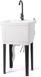 VINGLI 13-Gallon Utility Sink Laundry Tub for Washing Room, Freestanding Utility Sink with Stainless Steel Faucet, (White, 19.7"W x 18.9"D x 33"H)