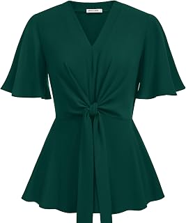 GRACE KARIN 2024 Women's Elegant Peplum Tops V Neck Tie Front Long Sleeve Shirts Tops Blouse