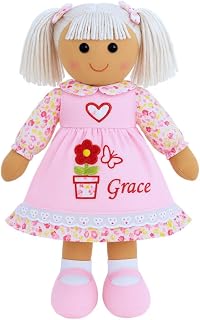 Personalised Rag Doll - 40 cm First Baby Doll Soft Toy - Personalised Gifts for Girls Boys - Birthday Doll - Christening Doll - Embroidered (Pink Flowerpot Dress)