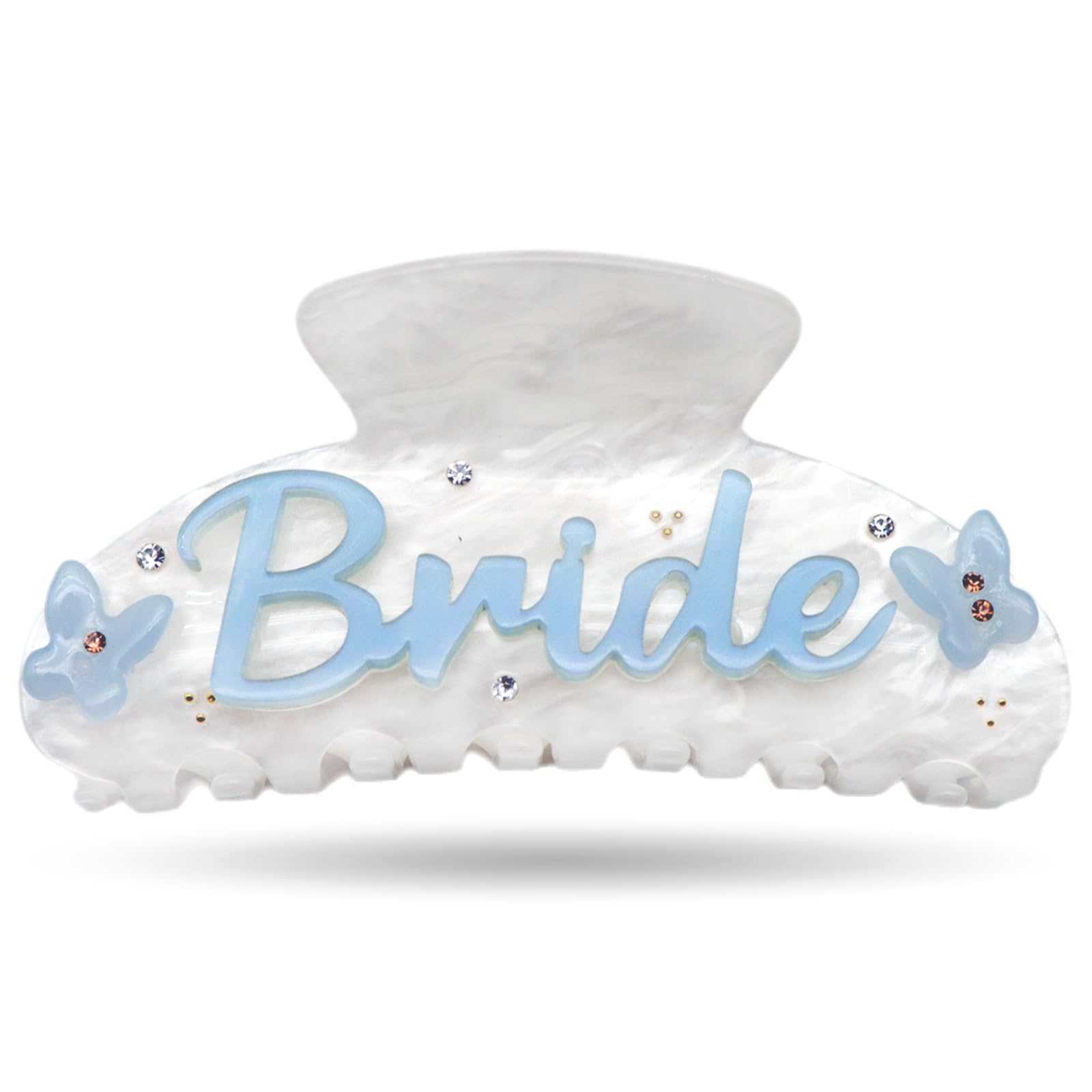 Bride Claw Hair Clip - White Marble Acrylic with blue Rhinestone Butterfly | Bri