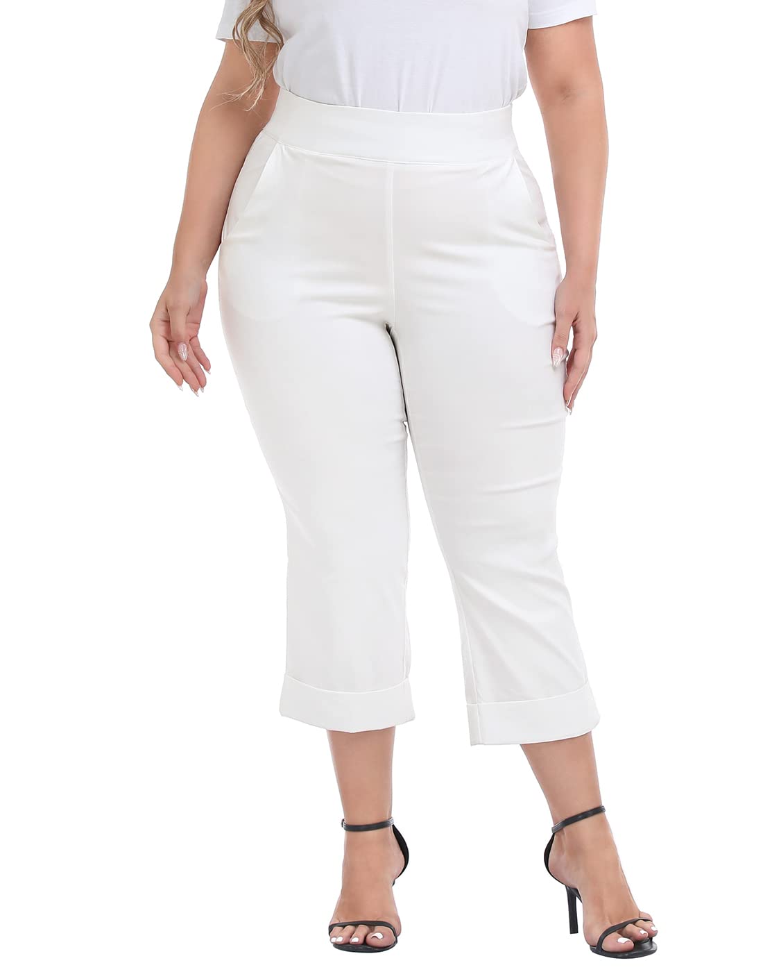 HDE Women's Plus Size Pull On Capri Elastic Waist Cropped Pant with Cuff