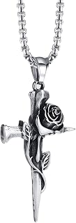 Rockyu Men's Silver Long Cross Rose Pendant Stainless Steel Necklace Hypoallergenic Vintage Style Gift