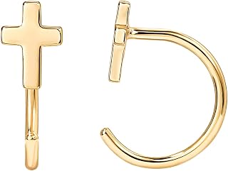 PAVOI Minimalist Cross Huggie Earrings, Yellow Gold, Size 9.5 Millimeters
