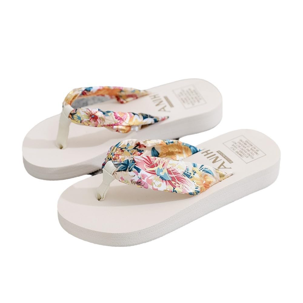 Women Wedge Flip Flops 3D Flower Satin Strap Anti Slip Wedge Heel Casual Beach S