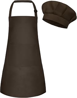 Kids Apron and Chef Hat Set Adjustable Child Art Aprons with 2 Pockets Toddler Chef Hat and Apron for Cooking Baking Painting (Brown)