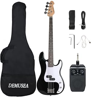 Full size 4strings electric p bass guitar kit package black color with 5W portable plug and play amplifier travel amp set with strap gig bag bundle for beginner starter practice (BKPB-30)