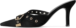Black Kitten Heels for Women Pointed Closed Toe Dressy Bow Heel Vintage Heeled Mules Sexy Pointy Studded Slip on Stiletto Pump Shoes
