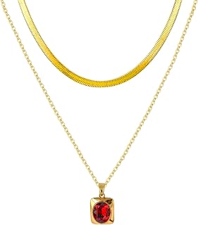 Trendy Separate Layered Choker Pendant Necklace | 18k Gold Plated Snake Herringbone Flat Stackable Chain Rectangle Gemstone Crystal Zircon Necklace | Preppy Dainty Jewelry Set Gift