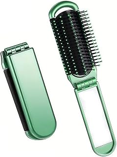 Small Folding Hair Brush with Mirror - Mini Travel Pocket Brush for Women and Girls, Soft Nylon Bristles, More Convenient, Portable and Compact for Purse