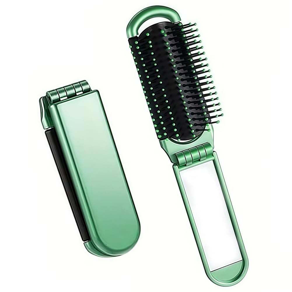 Small Folding Hair Brush with Mirror - Mini Travel Pocket Brush for Women and Gi