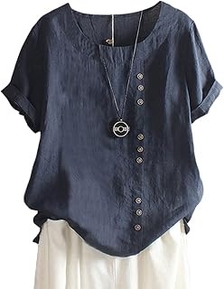 ORANDESIGNE Linen Shirt Short Sleeve Women Casual Vintage Tops Blouse T-Shirts Short Sleeve Crew Neck Tunic Tops Shirt Loose Plus Size T Shirt