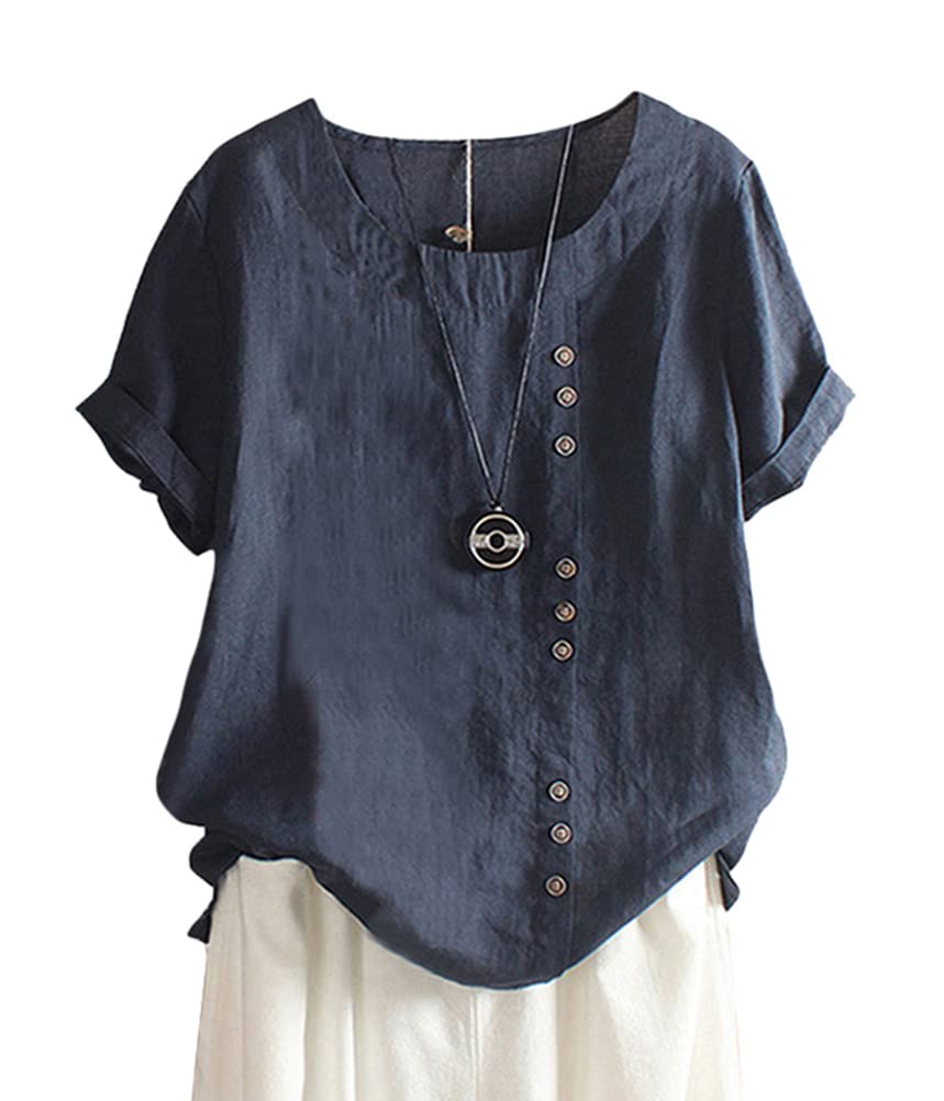 ORANDESIGNE Linen Shirt Short Sleeve Women Casual Vintage Tops Blouse T-Shirts S