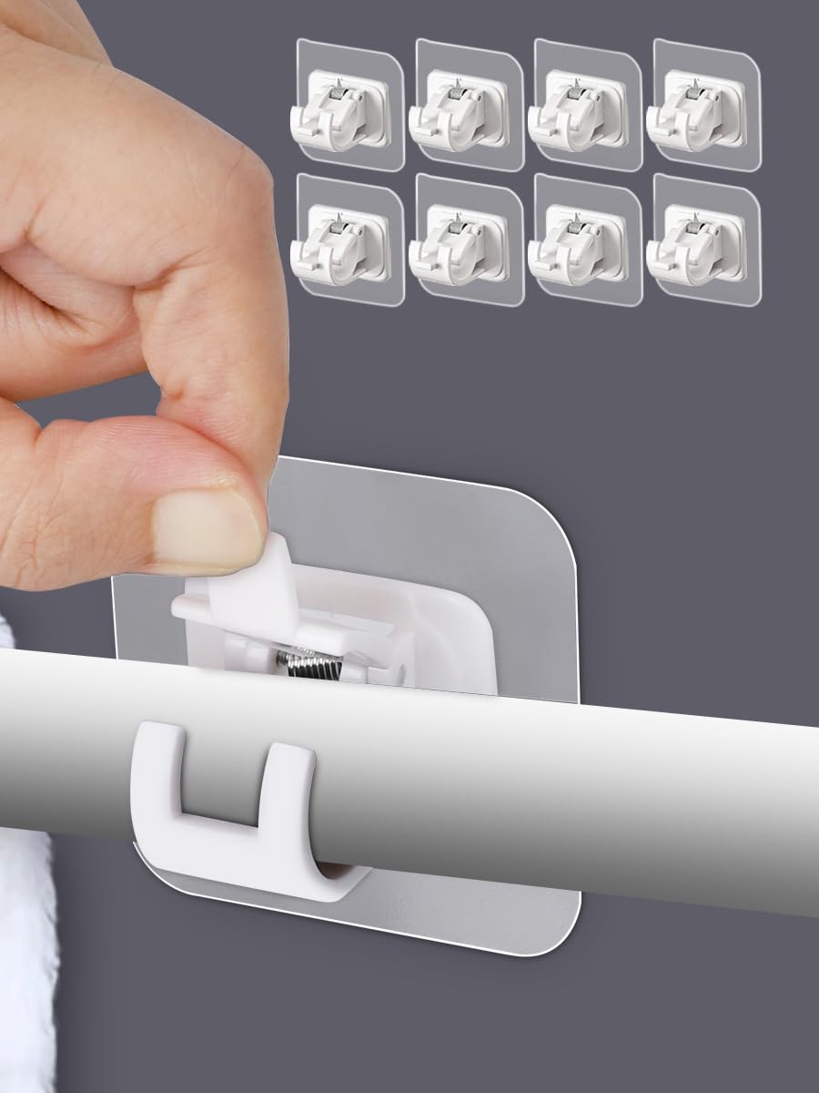 8 Pack Self Adhesive Curtain Rod Hooks - No Drill Hanger for Poles 0.78-1.57 Inc