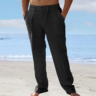 Pantalones casuales de lino para hombre, cintura elástica con cordón, pierna recta de ajuste holgado