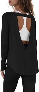 Womens Open Back Workout Shirts Casual Long Sleeve Athletic Yoga Gym Tops