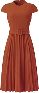 Hobemty Women's Pleated Dress Mock Neck Cap Sleeve Belted A-Line Dresses