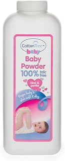 Cotton Tree Baby Powder - 100% Talc Free | Keeps Babies Skin Soft & Dry - Use After Nappy Changes or Bathtime | Kind & Gentle - Contains Vitamin E (White, 280g)