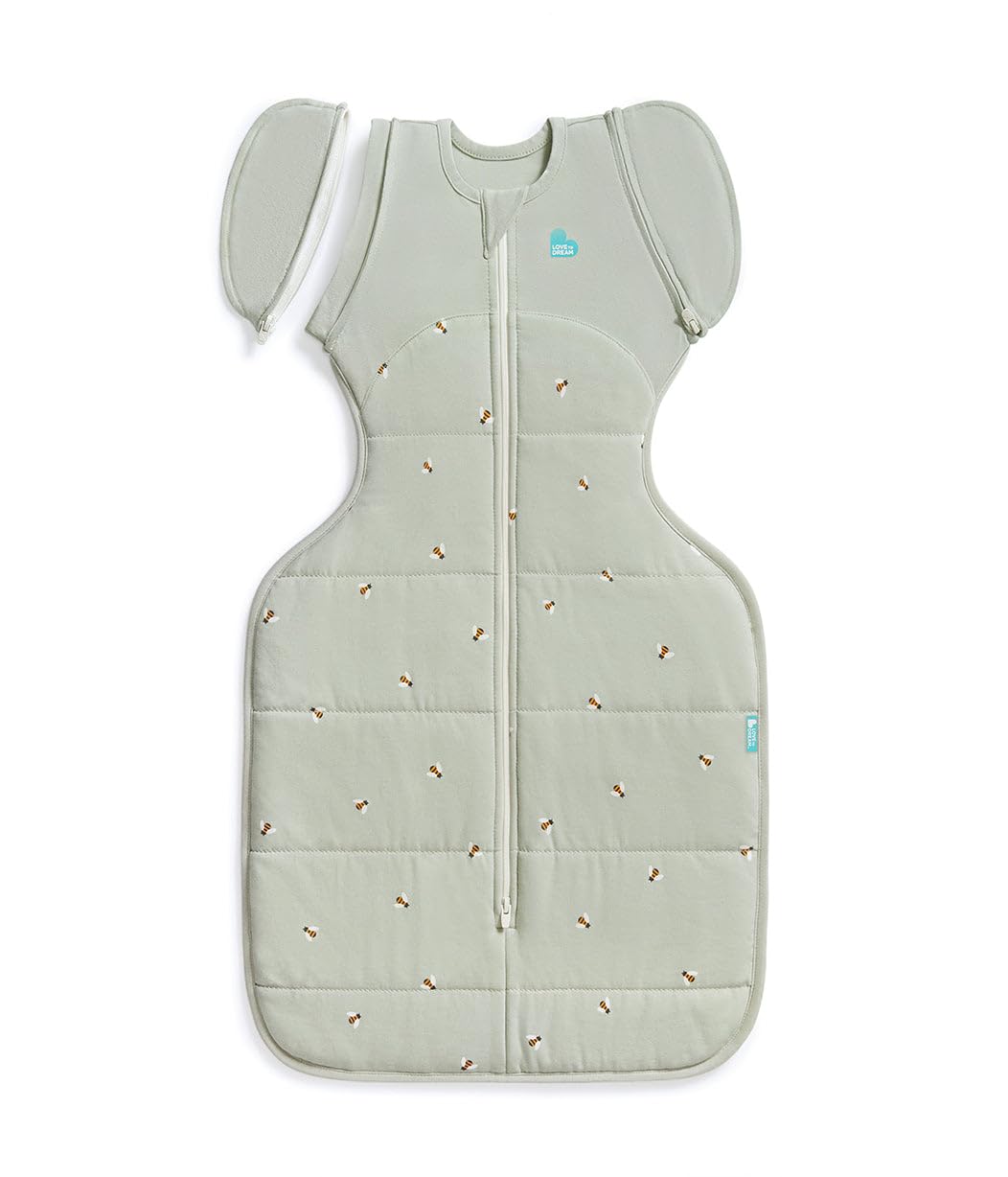 Love To Dream Swaddle 2 in 1 Transition Bag, M, Bees Olive, 2.5 TOG | Unzip And 